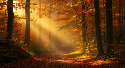 A dense autumn forest with golden sunlight streaming through the trees, creating a warm and serene atmosphere among the fallen leaves.
