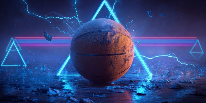 Basketball in Neon Realm: A striking basketball levitates within a vibrant neon geometric scene, evoking a fusion of sport and futuristic aesthetic.
