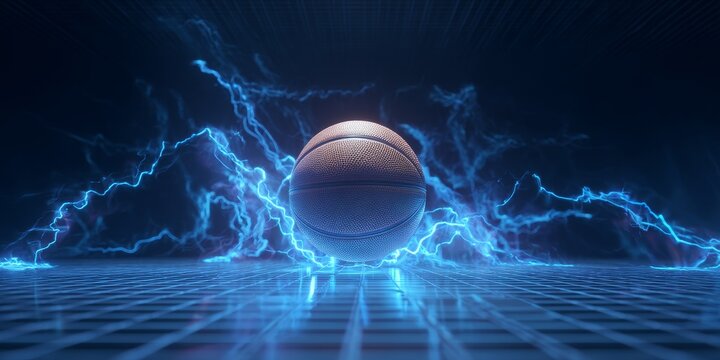 Electric Basketball: A basketball surrounded by electric sparks, creating a dynamic composition, illustrating the energetic intensity of the game.