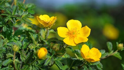 Close Up Of Yellow Cinquefoil Potentilla Fruticosa Bloom On Green Shrub
