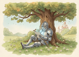 Storybook medieval knight learning from tablet under a tree