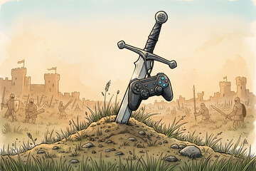 Comic-style sword in ground with game controller on hilt