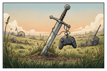 Comic-style sword in ground with game controller on hilt