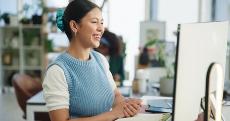 Video call, computer and welcome with business woman for esg advisor, sustainability webinar and wave. Online meeting, virtual csr consultant and eco friendly conference with person in agency - Powered by Adobe