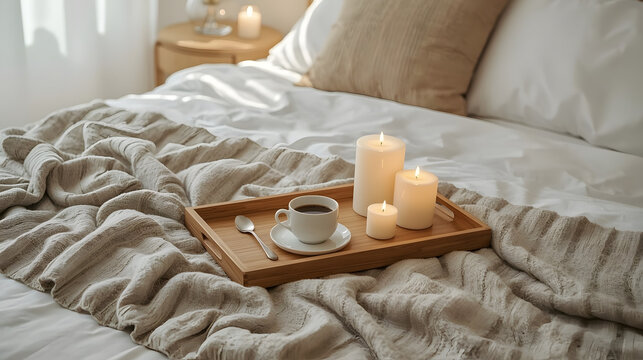 A serene wooden tray sits atop a plush bed, adorned with crisp white bedding sheets, a soft striped blanket, and a complementing pillow, embodying the hygge concept of cozy warmth and comfort
