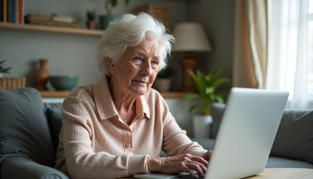 Senior woman using laptop on couch in living room is focused on her screen. Senior woman surfing web, checking email, or shopping online at home.