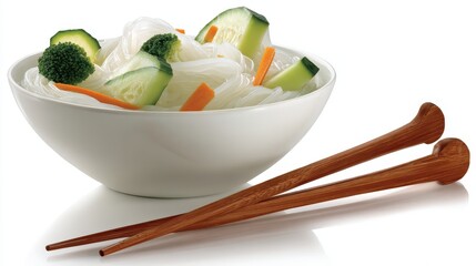 White bowl filled with translucent noodles and fresh green vegetables sits beside wooden eating utensils on a clean white background.