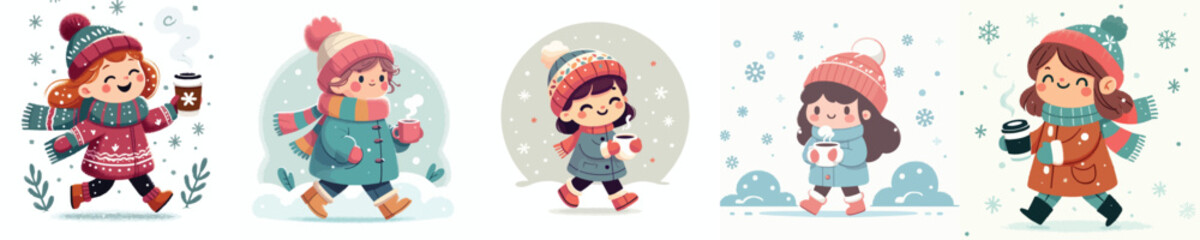 vector of little girl walking carrying warm drink in winter