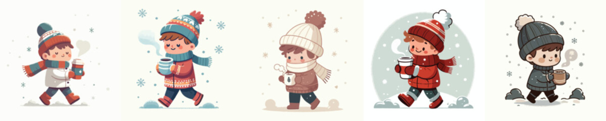 vector of little boy walking carrying warm drink in winter