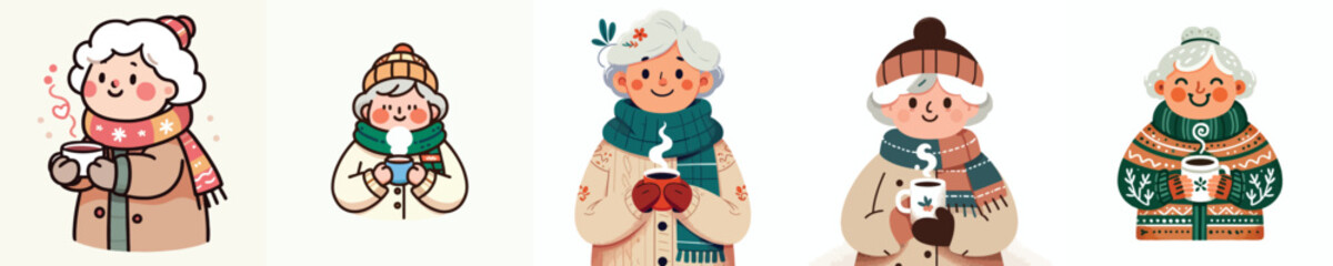 vector grandmother drinking hot coffee in winter