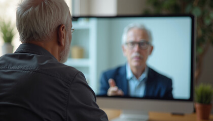 Senior consultation is seen through computer, mature man shares health expertise on video call, advising patient at distance. Engaging in senior consultation is key,