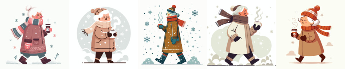 vector of grandmother walking carrying warm drink in winter