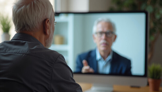 Senior consultation is seen through computer, mature man shares health expertise on video call, advising patient at distance. Engaging in senior consultation is key,