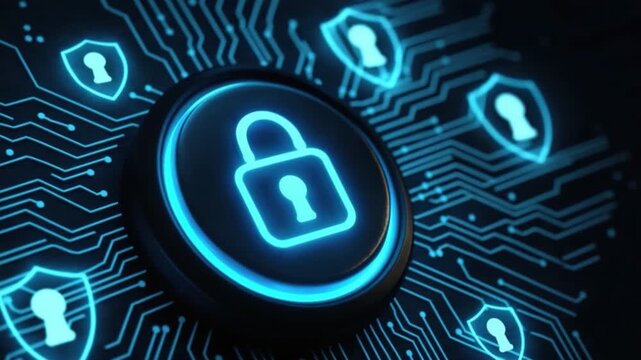 Digital security concept featuring glowing lock icon circuit board with shield symbols, neon blue light, cybersecurity protection, data safety, secure network system, and advanced technology circuit