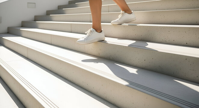 A person in white sneakers ascends concrete stairs in bright, natural light