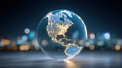 Glowing digital globe displaying illuminated continents rests upon a dark surface with a blurred metropolitan backdrop