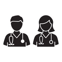 Silhouette icon of male and female doctors with stethoscopes, perfect for healthcare services, clinics, hospital branding, and professional medical designs.