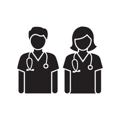 Silhouette icon of male and female doctors with stethoscopes, perfect for healthcare services, clinics, hospital branding, and professional medical designs.