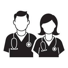 Silhouette icon of male and female doctors with stethoscopes, perfect for healthcare services, clinics, hospital branding, and professional medical designs.