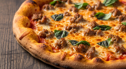 Delicious homemade sausage pizza with fresh basil on a rustic wooden table
