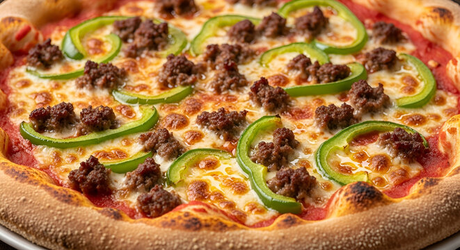 Delicious italian pizza with ground beef and green bell peppers on a crispy crust - Powered by Adobe