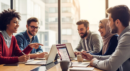 Diverse team collaborating on project, sharing ideas and expertise in modern office space