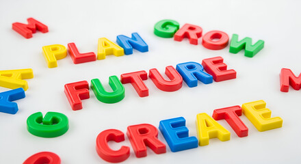 Naklejka premium Motivational words, future, plan, grow, create, with colorful magnetic letters