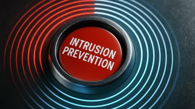 Intrusion prevention button with red and blue circular light rings and warning symbolizing advanced digital security technology protection through red button surrounded by security circle
