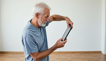 Senior man using tablet. Silver haired mature man using tablet for online video conference in his apartment.