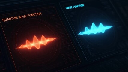 Quantum wave function visualization with glowing red and blue digital waveforms, futuristic technology interface featuring abstract energy patterns, neon light effects, and scientific data display - Powered by Adobe