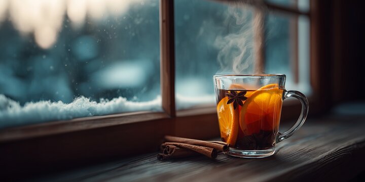 Steaming spiced tea cup with orange cinnamon star anise on windowsill frosty glass pine. Cozy winter ritual, aromatic holiday solitude vibe.