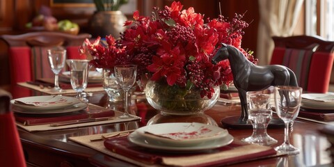Elegant table features red flowers, glassware, and a black horse statue in warm light. A festive and symbolic Chinese New Year celebration with equine motifs.