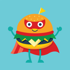 A cheerful cartoon hamburger character dressed as a superhero with a red cape and mask standing proudly against a bright blue background