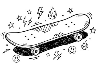 Black silhouette of a skateboard on white background for skateboarding and sports concept
