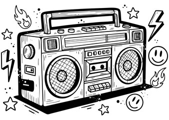 Retro boombox illustration in black and white style with fun doodles for music theme design
