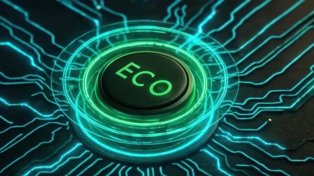 Eco button glowing green light with futuristic digital energy saving technology, innovative interface circuits symbolizing sustainable environmental protection and modern green power design
