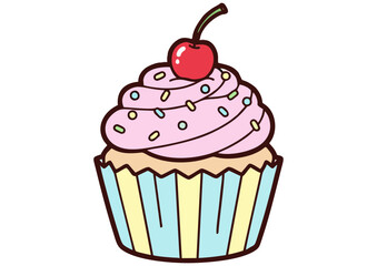 Cartoon cupcake with pink frosting and sprinkles on light blue background for dessert concept
