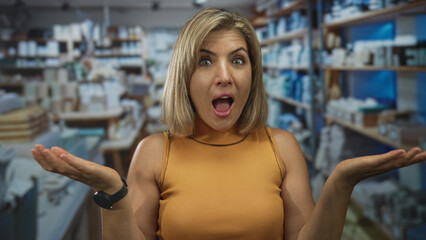 Woman with blonde hair and bare hands forming hand binoculars gesture in shop interior, orange top...