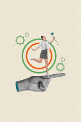 Image zine trend photo collage of happy businessman businesswoman stand human hand point index finger development gears progress