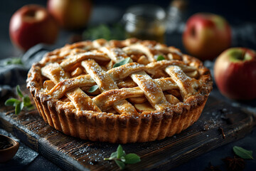 Homemade delicious fresh baked rustic apple pie on dark background