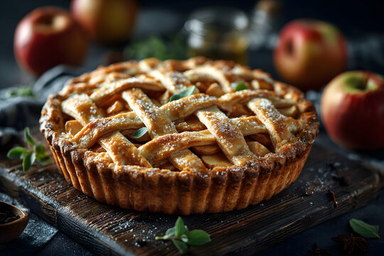 Homemade delicious fresh baked rustic apple pie on dark background