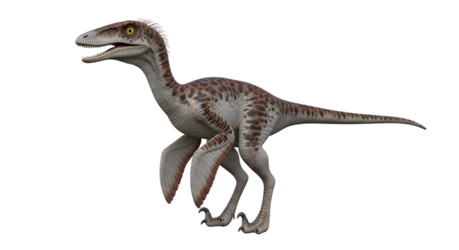 Ancient feathered spotted raptor dinosaur on clear background