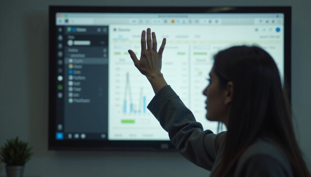 Business presentation featuring woman pointing at large screen with data charts. Business presentation includes graphs, user interface elements, and visual data for review.