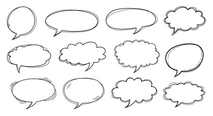 Fototapeta premium Collection of twelve hand drawn speech bubbles with various shapes and sizes in black and white color created with generated ai