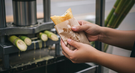 Enjoying fresh sugarcane juice with a tasty pastel pastry at a vibrant street food market, savoring the authentic flavors of Brazil on a sunny day