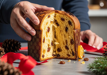 Enjoying freshly baked Panettone bread with raisins during the holidays, perfect for festive celebrations and sharing with loved ones this season