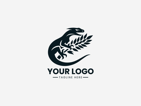 lizard or komodo biting a wheat stalk in bold black vector logo illustration