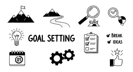 Doodle style illustration representing goal setting with mountains, lightbulb, and calendar icons displayed created with generated ai