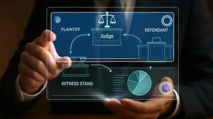 Futuristic legal technology digital courtroom interface displaying judge, plaintiff, defendant, and witness roles with data visualization on transparent screen for innovative court process - Powered by Adobe