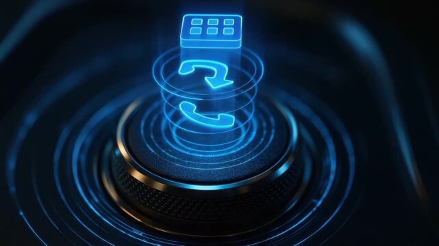 Hologram phone call projection above futuristic blue control knob with digital interface, showcasing advanced technology and glowing for communication and call control features
